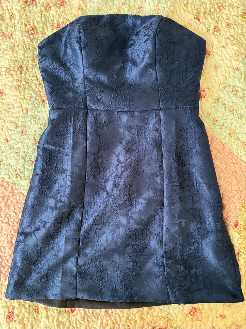 Vintage Strapless Navy Floral Jacquard Cocktail Dress
